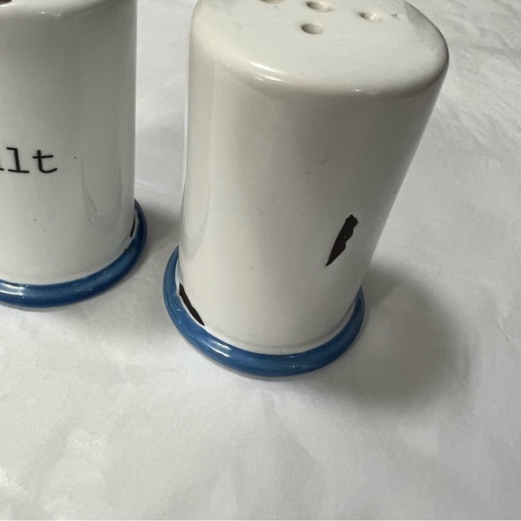 Vintage Look Ceramic Salt & Pepper Shakers White with Black Lettering & Blue Rim - Picture 4 of 7